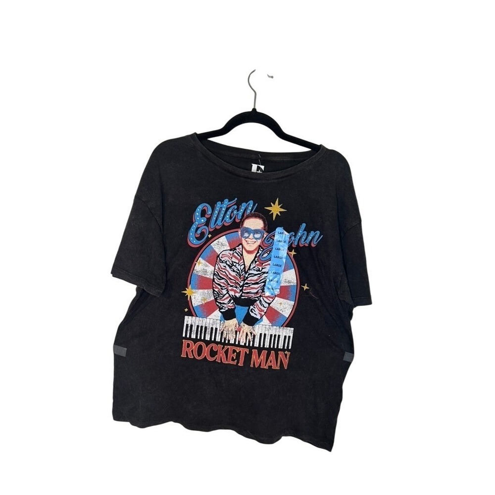 Elton John Rocket Man Black Graphic T-Shirt Band‎ Tee Womens Large